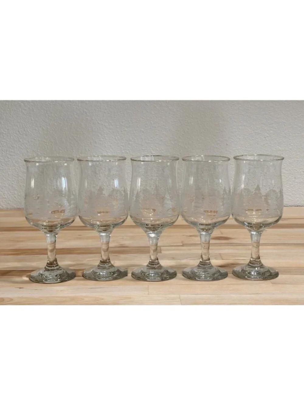 Libbey Christmas White Frosted Pine Trees Goblets Glass Arby's SET OF 5 VINTAGE